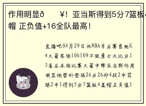 作用明显🔥!亚当斯得到5分7篮板4盖帽 正负值+16全队最高!