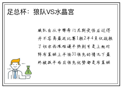 足总杯：狼队VS水晶宫